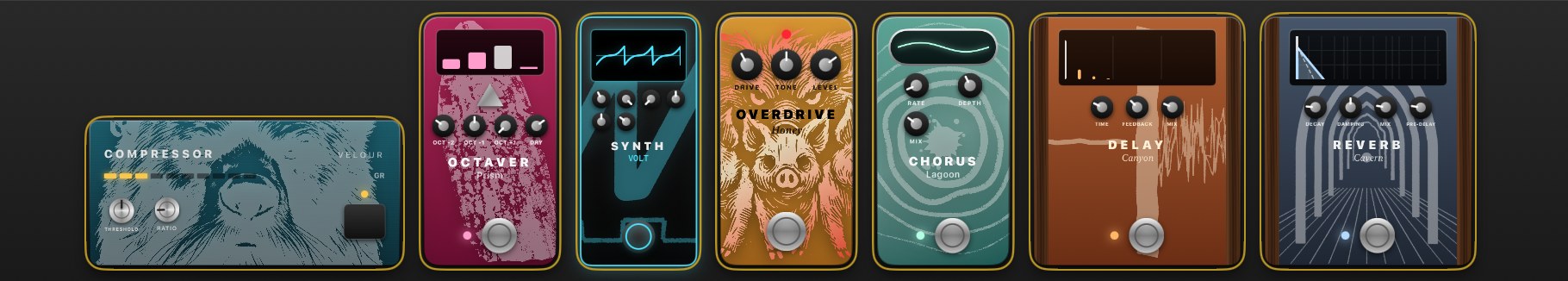 Le pédalier : Compressor, Octaver, Synth, Overdrive, Chorus, Delay et Reverb