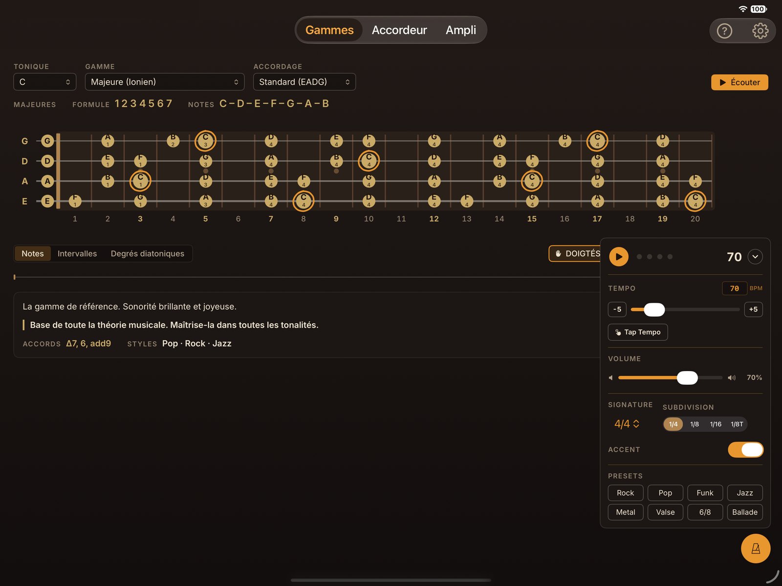 Le métronome : tempo, Tap Tempo, chiffrage, subdivisions et préréglages